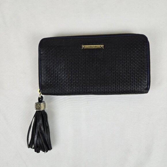 Stella & Dot Mercer Black Leather Tassel Zip Around Wallet Cobalt Blue Accent - Picture 1 of 16